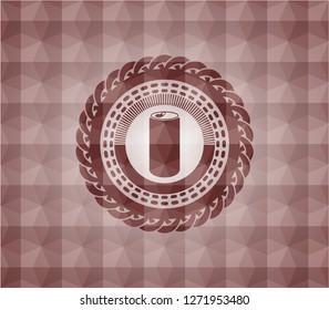 soda can icon inside red emblem with geometric pattern background. Seamless.
