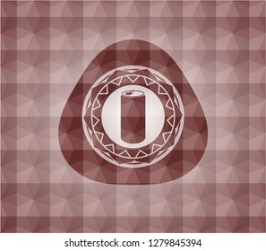 soda can icon inside red emblem or badge with abstract geometric polygonal pattern background. Seamless.