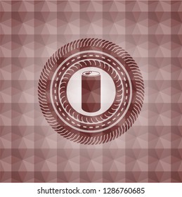 soda can icon inside red emblem or badge with abstract geometric polygonal pattern background. Seamless.