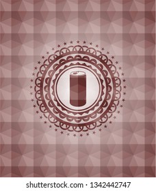soda can icon inside red seamless emblem with geometric background.