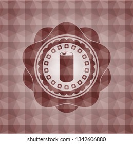 soda can icon inside red seamless emblem or badge with geometric pattern background.