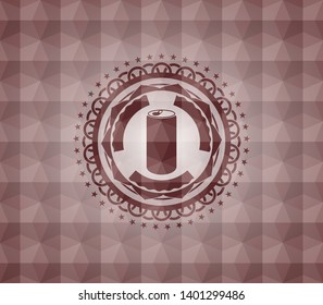 soda can icon inside red emblem or badge with geometric pattern background. Seamless.