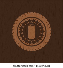 soda can icon inside retro style wood emblem