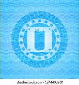 soda can icon inside sky blue water wave emblem.