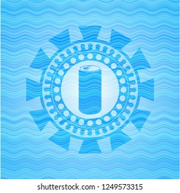 soda can icon inside sky blue water wave badge.
