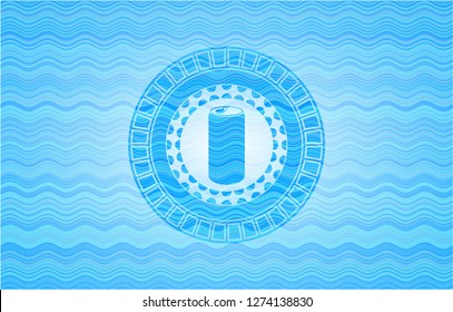 soda can icon inside sky blue water wave style badge.
