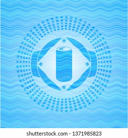 soda can icon inside sky blue water wave style emblem.