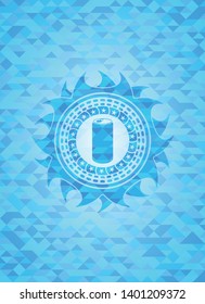 soda can icon inside sky blue mosaic emblem