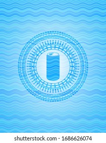 soda can icon inside sky blue water wave style emblem.