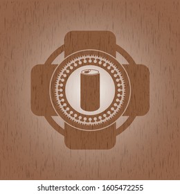 soda can icon inside vintage wooden emblem