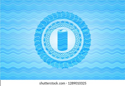 soda can icon inside water wave concept badge.