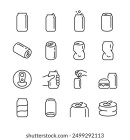 Soda Can, Icon Set. Aluminum. Closed, Open, Broken, Crushed, Hand Holding Can. Metal Soda Can. Line with editable stroke