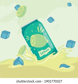 Soda can of lemon with ice cubes and juice design, Tasty drink beverage and liquid theme Vector illustration