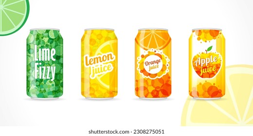 Soda can with lime, orange, lemon and apple label. Lemon, lime, orange lemonade product, soft drink cans set isolated on white background. Vector object