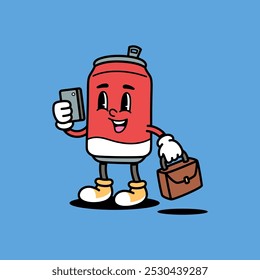 Soda Can en el teléfono Retro Mascota Ilustración vectorial de dibujos animados