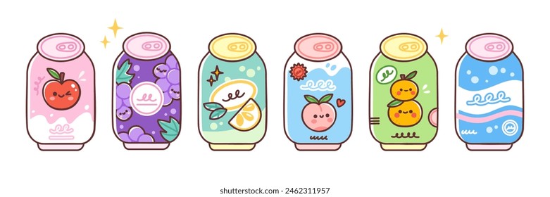 Soda can set. Various fruit flavored soft drinks. Vector illustration of fresh summer beverages in cute colorful style. Isolated elements on white background.