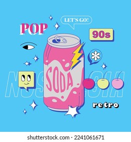 Soda can soft drink Y2K design template. Vector nostalgia composition with speech bubbles and text. Pop art 90s retro banner. Blue square graphic.