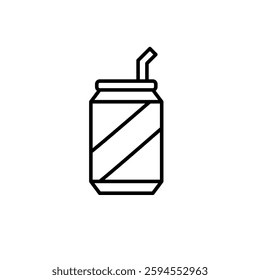 Soda can and straw. Fast food and convenience refreshments. Sugary drinks, high carbs diet. Pixel perfect, editable stroke vector icon