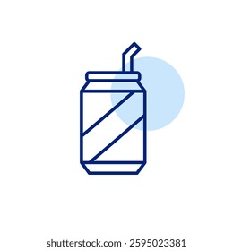 Soda can and straw. Fast food and convenience refreshments. Sugary drinks, high carbs diet. Pixel perfect, editable stroke vector icon