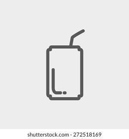 Soda can with straw icon thin line for web and mobile, modern minimalistic flat design. Vector dark grey icon on light grey background.