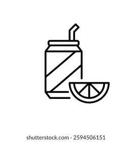 Soda can with straw and lemon slice. Refreshment, soft drinks. Restaurant and cafe menu. Pixel perfect, editable stroke vector icon