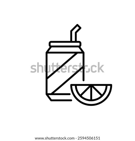 Soda can with straw and lemon slice. Refreshment, soft drinks. Restaurant and cafe menu. Pixel perfect, editable stroke vector icon