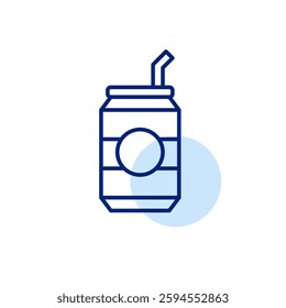 Soda can and straw. Soft fizzy drinks and refreshments. Restaurant menu, fast food sugary beverages. Pixel perfect, editable stroke vector icon