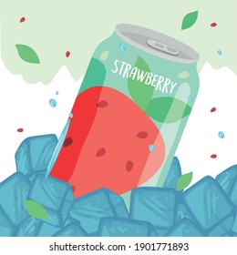 Soda can of strawberry with ice cubes design, Tasty drink beverage and liquid theme Vector illustration