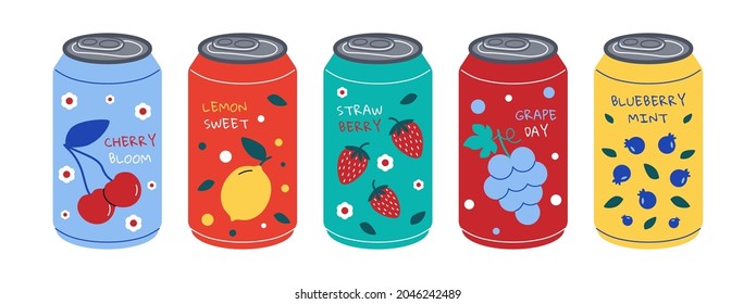 Soda can. Sweet fizzy water with different tastes, colorful cold drink with juice and sweeteners, cartoon energy drink container. Vector isolated set