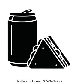 A soda can and a triangular chip packet next to each other in black and white.