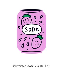 Soda Can Vector Illustration. Hand drawn fruit drink. Refreshment carbonated beverage with strawberry splashes and inscription in doodle flat style