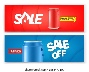Banderas de latas de soda conjunto vectorial. Diseño de banners publicitarios