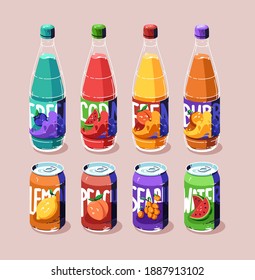 Soda cans and bottles set, cold fruit drinks of various flavors lemon, peach, watermelon, blueberry and sea buckthorn. Closed metal or glass flasks of sweet fizzy fresh beverages, Cartoon illustration