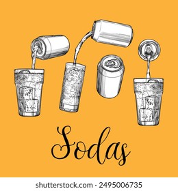 Soda in cans and glasses isolated on orange background. Soft drinks assets. Drinks assets ready to use and easy to edit. Black outline and white fill vector hand drawn illustrations.