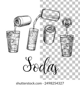 Soda in cans and glasses isolated on transparent background. Soft drinks assets. Drinks assets ready to use and easy to edit. Black outline, no fill, with fine details. 