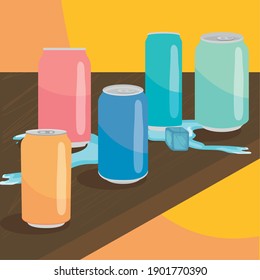 Soda cans with ice cube on table design, Tasty drink beverage and liquid theme Vector illustration