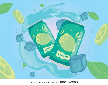 Soda cans of lemon with ice cubes design, Tasty drink beverage and liquid theme Vector illustration