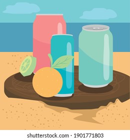 Soda cans with orange and lemon at beach design, Tasty drink beverage and liquid theme Vector illustration