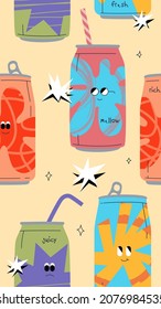 Soda cans seamless pattern. Funny abstract characters as package design. Vector repeatable illustration.