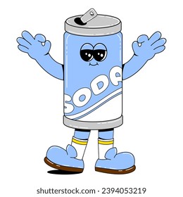 Soda character in retro cartoon style.Vector illustration of cute tin can with funny face, arms and legs on isolated white background.