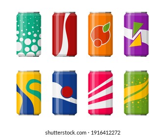 Soda in colored aluminum cans set icons isolated on white background. Soft drinks sign. Carbonated non-alcoholic water with different flavors. Drinks in colored packaging. Vector illustration - Shutterstock ID 1916412272