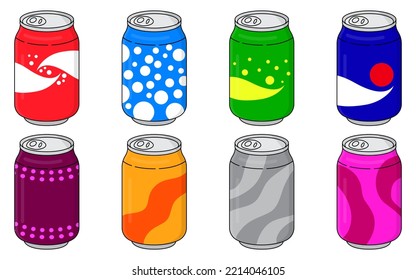 La soda en latas de aluminio coloreadas establece iconos aislados en el fondo blanco. Señal de refrescos. Agua no alcohólica carbonada con diferentes sabores. Bebidas en envases de colores. Ilustración del vector