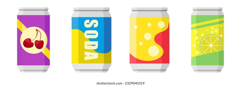 Soda in colored aluminum cans set icons isolated on white background. Soft drinks sign. Carbonated non-alcoholic water with different flavors. Drinks in colored packaging. Vector illustration