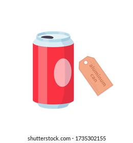 Soda in colored red aluminum can. Cold drink. Vector cartoon flat illustration isolated on white background. 