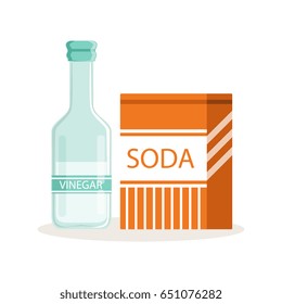 Soda in a craft paper bag and glass bottle of vinegar, baking ingredients vector Illustration