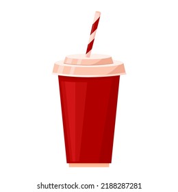 Soda Cup In Cartoon Style. Red Cup For Soda Or Cold Beverage. Disposable Soda Cup. Cinema Junk Food.