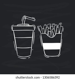 soda cup with french fries using doodle style on chalkboard background