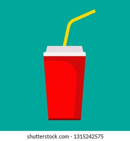 Soda cup fresh sweet red flat container cartoon drink. Unhealthy fastfood vector icon beverage. Paper fizzy takeaway