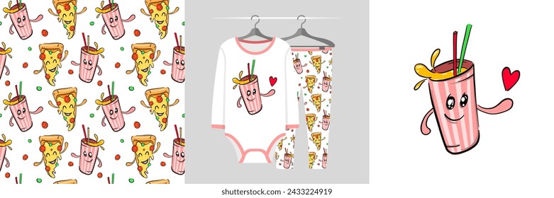 Soda cup icon concept. Dancing Food set, seamless pattern, cute mascot illustration for tee prints, pajamas, baby shower decor, fabric design, wrapping, web landing page, banner, sticker