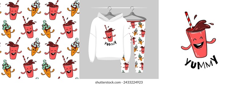 Soda cup icon concept. Dancing Food set, seamless pattern, cute mascot illustration for tee prints, pajamas, baby shower decor, fabric design, wrapping, web landing page, banner, sticker